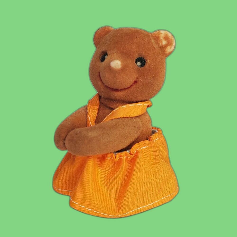 Flocked Brown Teddy Bear Yellow Sun Dress Smiling Standing Vintage Figur…